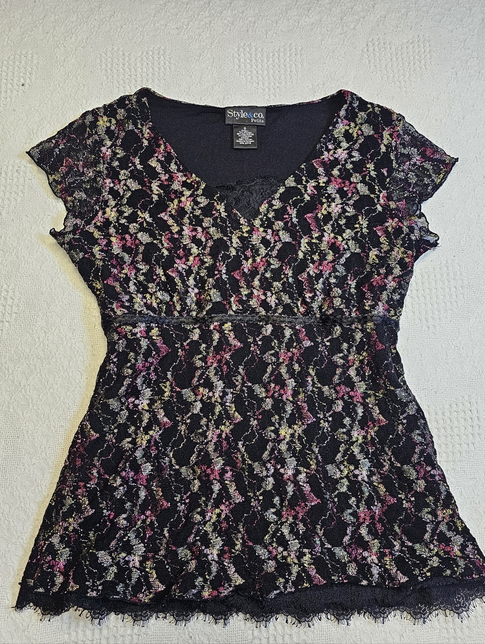 Style & Co. Black Lace Floral Overlay Top with Pink and Green Size Small P